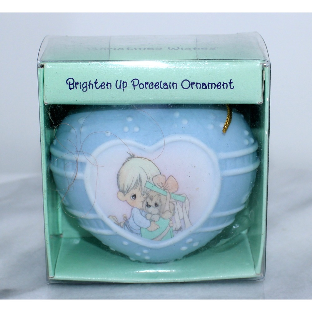 Precious Moments Brighten Up Porcelain Ornament Christmas Wishes Boy Puppy Heart